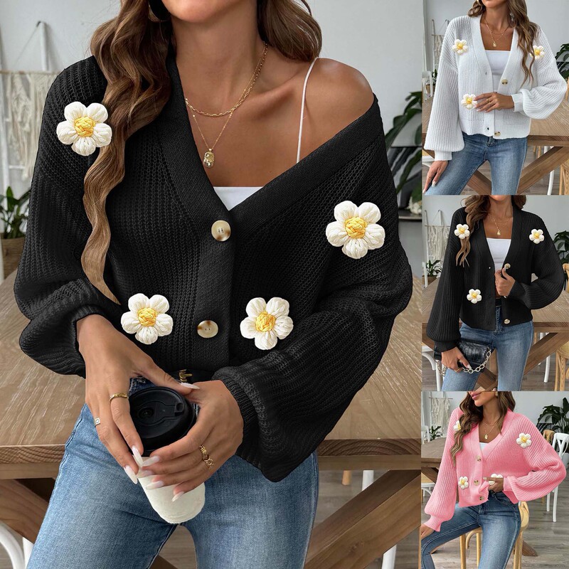 Women's Woven Sweater Cross-border European and American Women's Autumn and Winter Hand Crochet Stitching Short Button Coat Sweater Cardigan