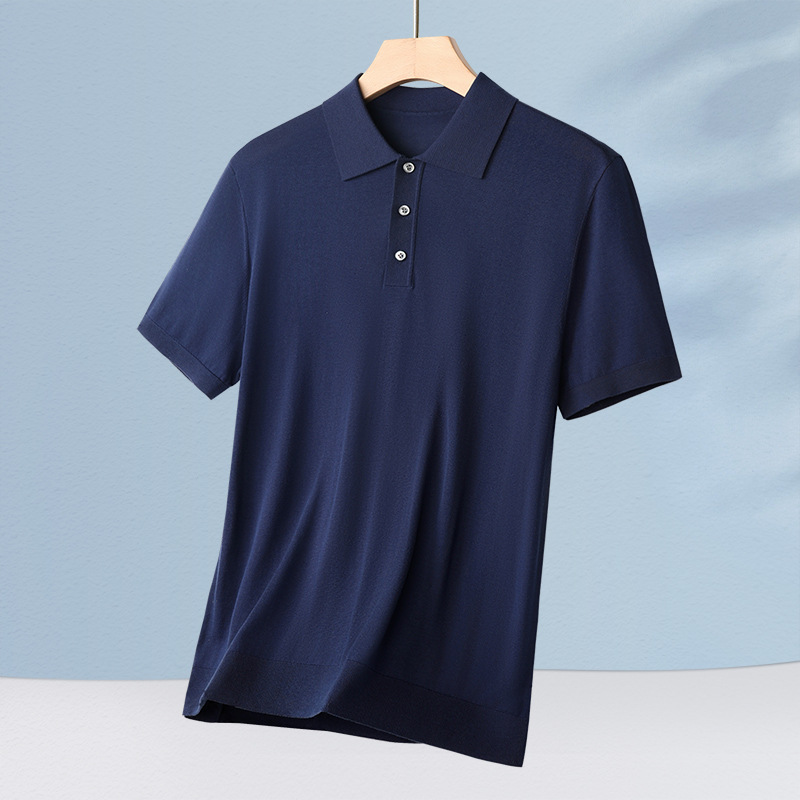 高級メンズ 100 マルベリーシルク半袖 Tシャツ夏薄手ニット半袖シンプルカジュアルシルクポロシャツ男性用|undefined