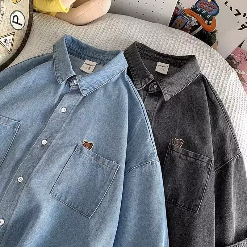 简约衬衫青春流行牛仔布潮五分袖新款春季潮流ins男纯色标准日系