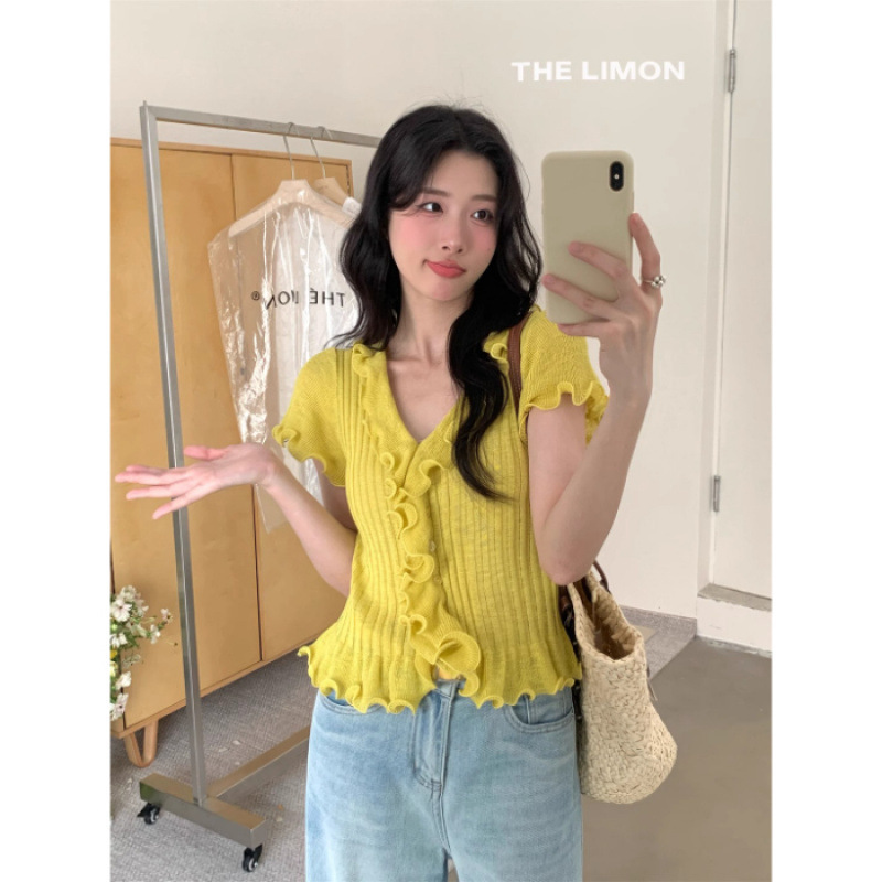 THE LEMON レモングリーンティー 2025 夏 フレンチマルチカラー キノコスリムニットセータートップス|undefined