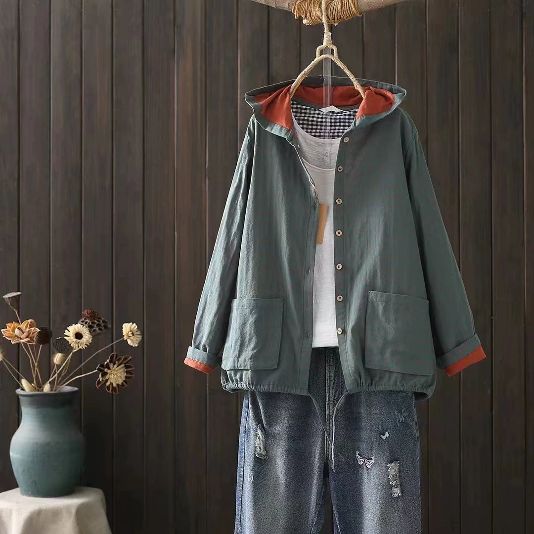 Японские девушки Мори в стиле ретро с капюшоном свободные большие размеры в клетку кардиган куртка женская двухслойная хлопчатобумажная пряжа