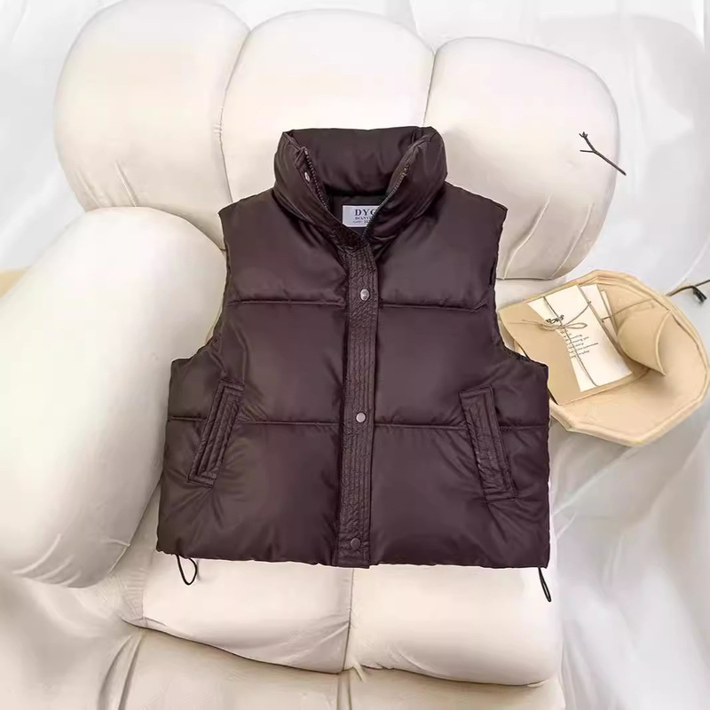 Down Cotton Outwear Vest for Women 2025 Autumn and Winter New Korean Style Loose Cotton Waistoutwear Stand Collar Pure Color Cotton Vest Jacket