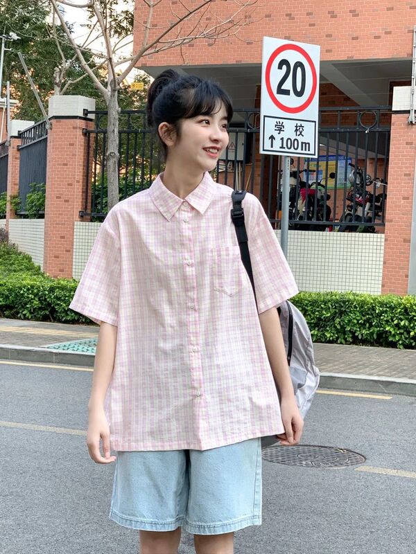 日系港风甜美粉色格子短袖衬衫男女夏季高级设计感小个子上衣外套|undefined