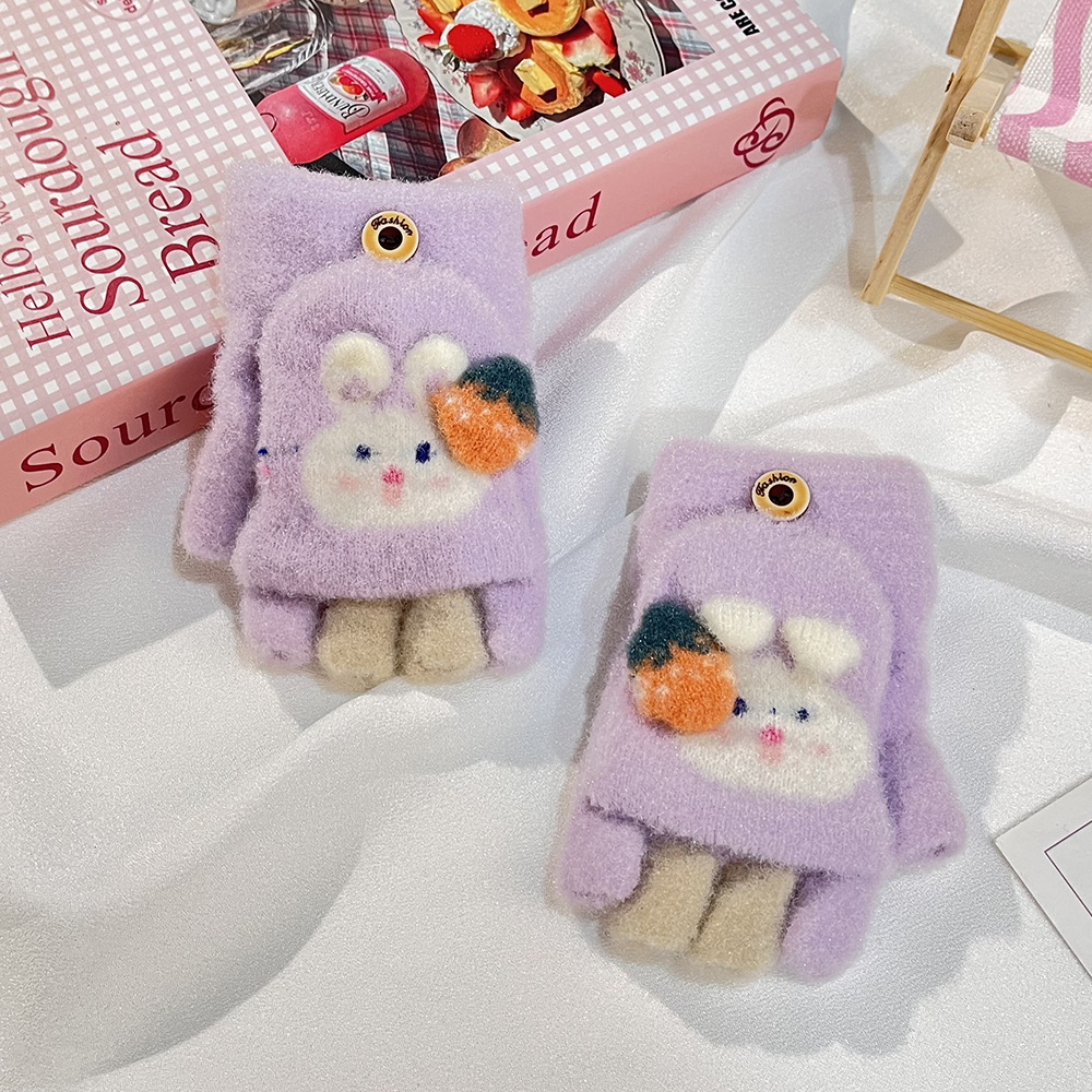 Otoño y invierno niños excavadora impresa dibujos animados adorables medio dedo flip escritura guantes de lana guantes calientes