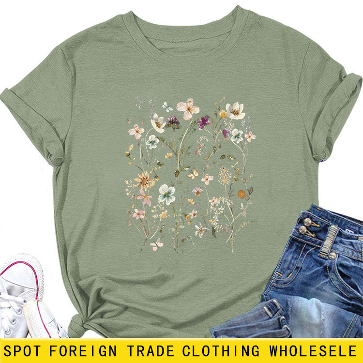 Amazon ebay independent station elegant casual flowers and flowers ladies crew neck short sleeve T-shirt wholesale cross-border