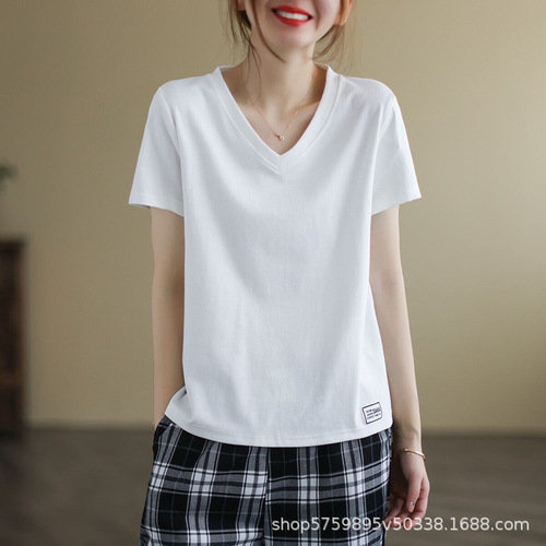 Women's Loose V-neck Short-sleeve T-shirt, Casual Patches Crewneck Top, Literary Comfortable Loose
