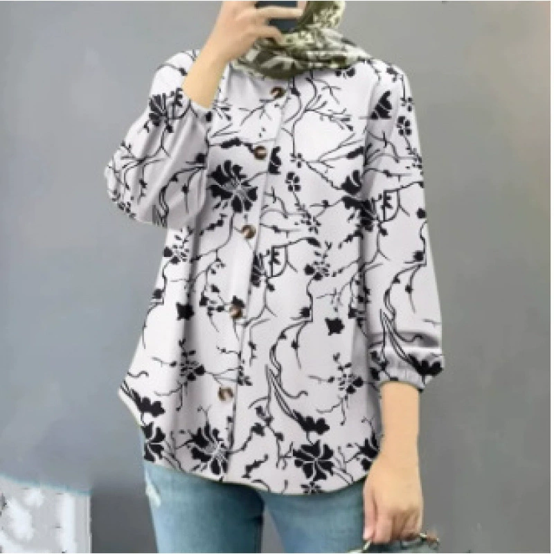 Новая женская свободная модная рубашка больших размеров с пышными рукавами и пуговицами с длинными рукавами и принтом