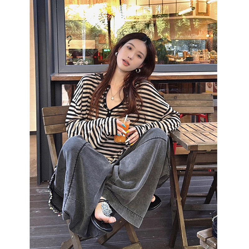 Lyocell Tencel Loose Slimming Look Korean Style Lazy Top Super Hot and Super Good-Looking Age-Reducing Black Stripesd T-Shirt for Women Summer