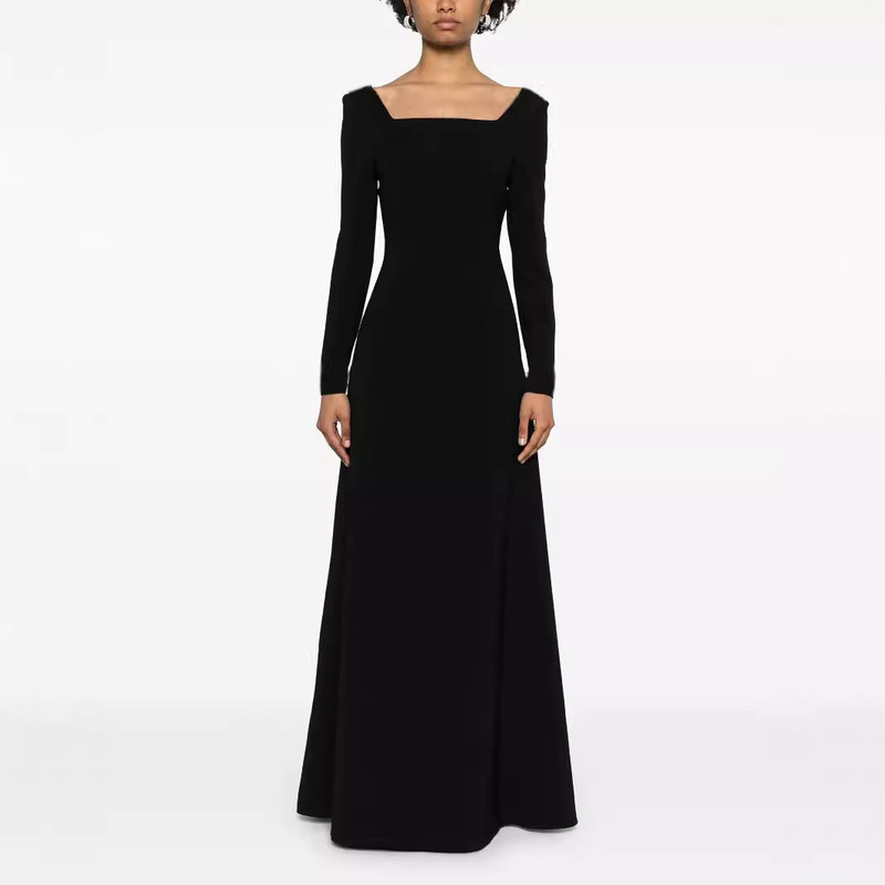 2026 Spring and Autumn New Style Elegant Square Neck Long Sleeve Women's Solid Color Bohemian Style Extended A-Line Dress