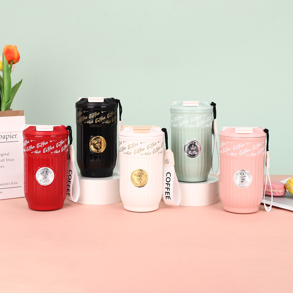 Nuevo alto valor 304 taza de acero inoxidable portátil de cuerda para hombres y mujeres taza de café a rayas acompañante taza de regalo