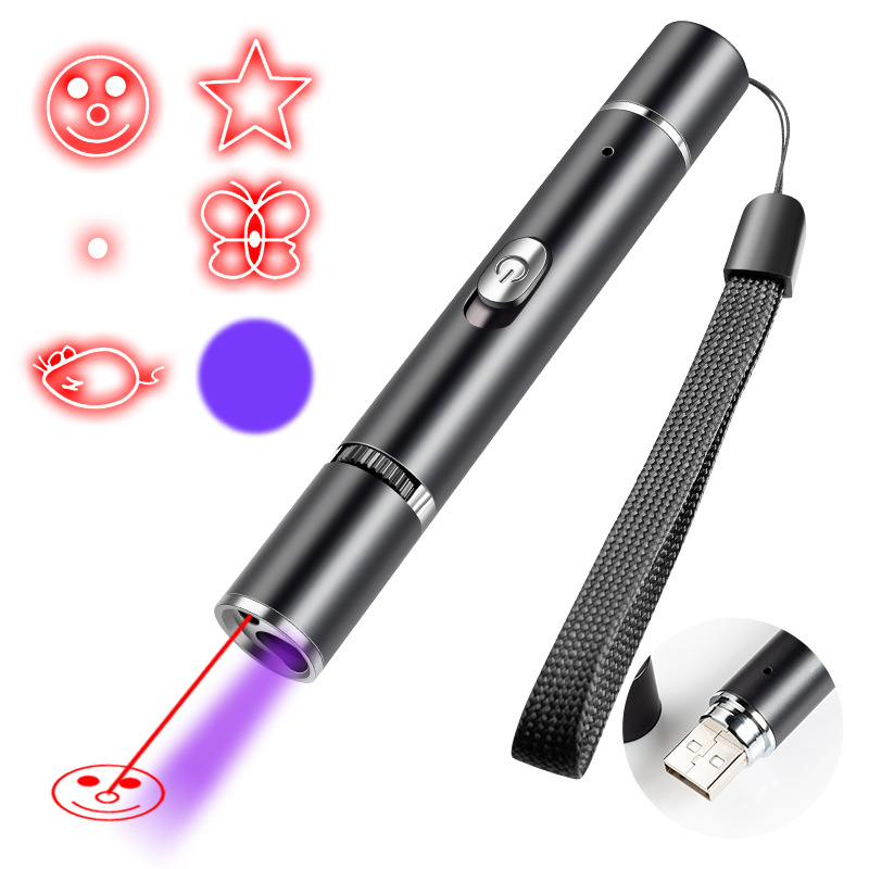 레이저 포인터 멀티 패턴 고양이 놀리는 스틱 장난감 우드 퍼플 라이트 손전등 USB 충전식 고양이 이끼 감지 램프