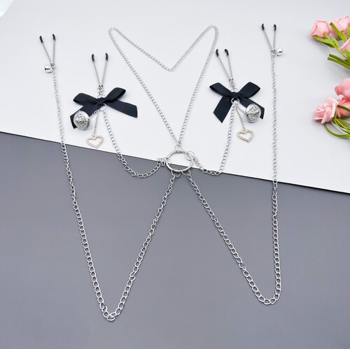 Vagina clamp, bell atmosphere, sexy underwear, nipple clamp, beaded breast ornaments, SM training and punishment, female slave torture tool A079