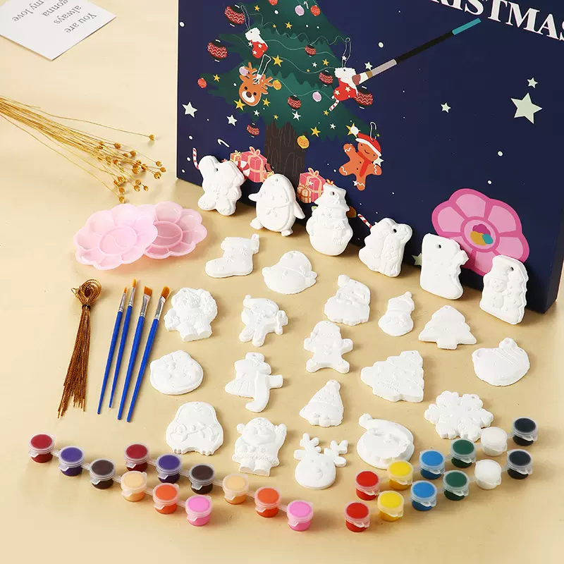 圣诞节彩绘石膏白胚套装圣诞树上色丙烯颜料调色盘套装香薰石膏