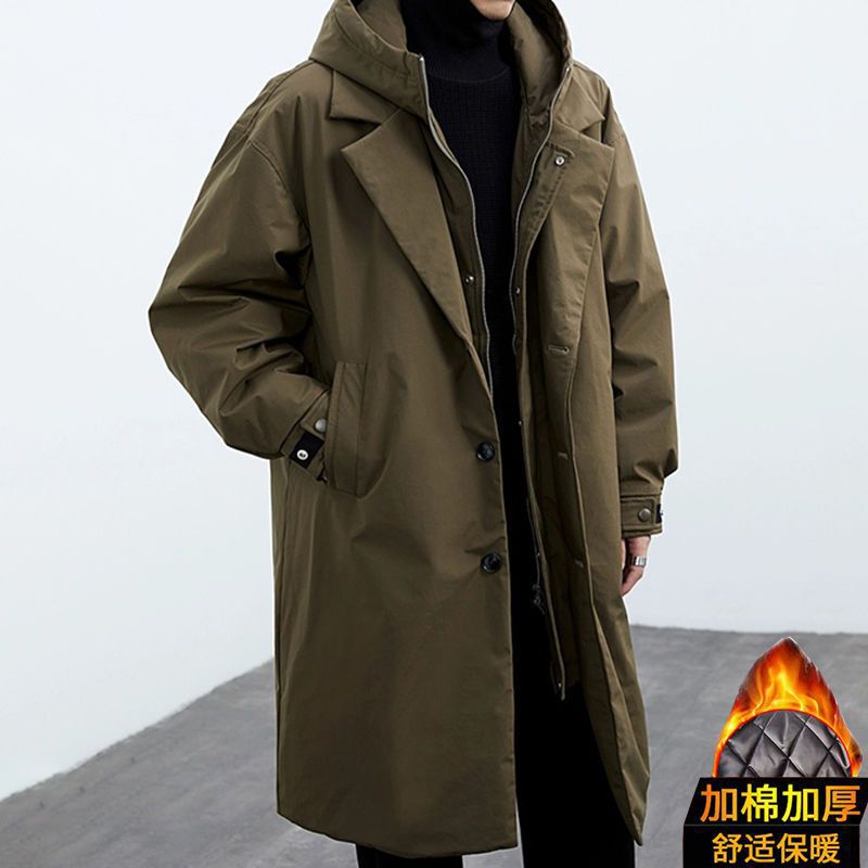 2025 Autumn and Winter New Korean Style Trendy Outwear Jacket Men's Fake Two-Piece Hooded Mid-Length Windbreaker Jacket for Men