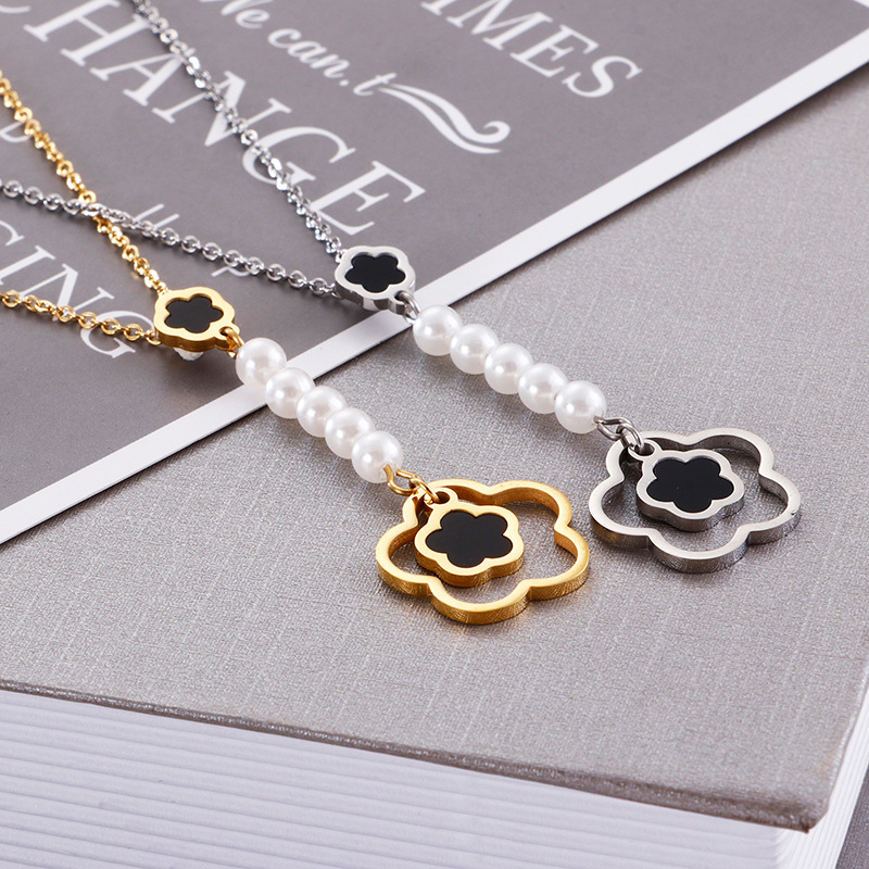 Fashion Flower Titanium Steel Inlay Artificial Pearls Earrings Necklace 1 Set