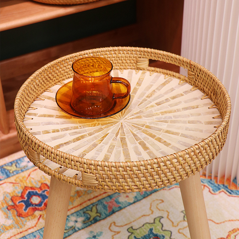 Nordic-style handmade wicker shell bay window coffee table square sofa small side table Japanese tatami small round table outdoor dining table