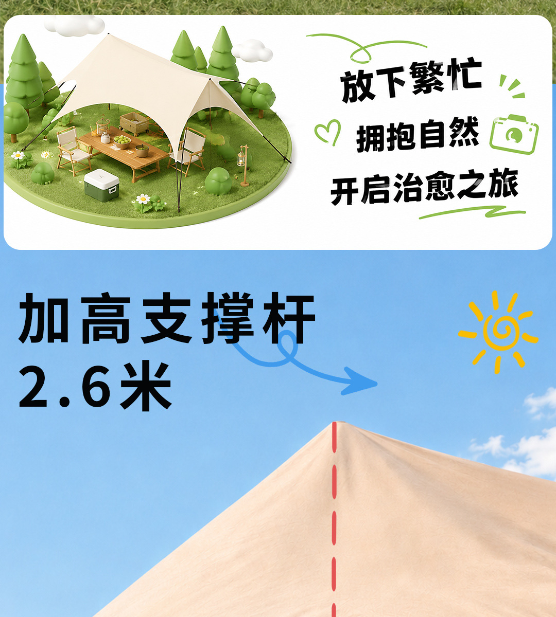 Hexagonal Canopy with Thickened Black Vinyl, New Quick-Setup Camping Sunshade and Rainproof Dome Outdoor Sun Shelter