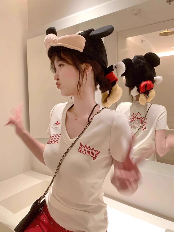 純粋な欲望スタイル中空レースキティ猫半袖 Tシャツ女性の夏スリム V ネック甘いホットガールショートトップ|undefined