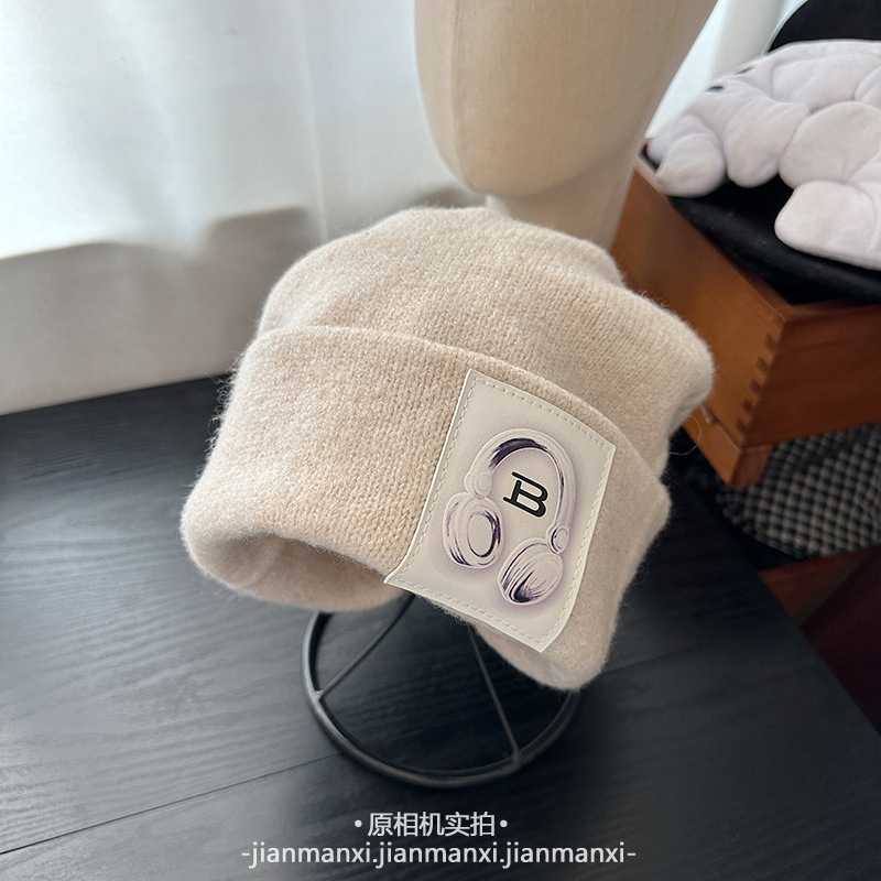 多色新款耳机贴布针织帽秋冬保暖日常百搭大头围宽松堆堆帽冷帽女|undefined
