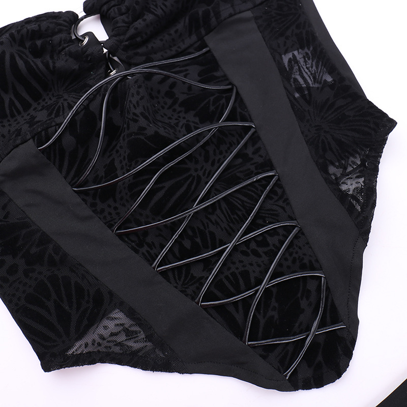 Flocking Lace Up Waist Tube Top Top Trousers Suit Spring Two Piece Suit