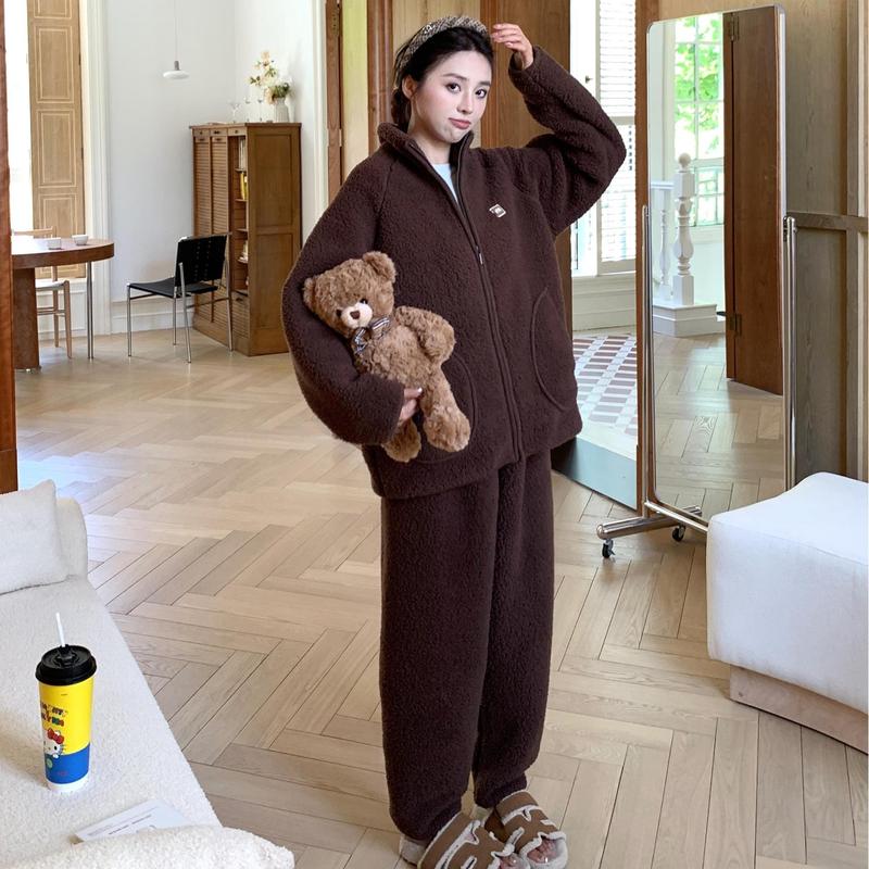CaCa情侣睡衣羊羔绒冬季立领拉链男休闲外穿运动加厚家居服女套装|undefined