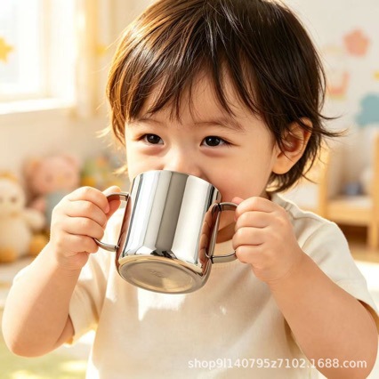 304 stainless steel double-layer cup for children, anti-fall and anti-scald, household milk cup with handle, cross-border export