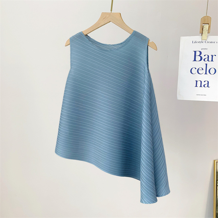 三宅流プリーツトップス レディース イレギュラーTシャツ ラウンドネック ノースリーブ ニッチ 快適 カジュアル ファッション 多用途