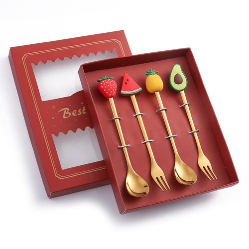 L Cartoon Children's Tableware Cute Q-version Stainless Steel Spoons and Forks Gift Set Creative Baby Fruit Fork
