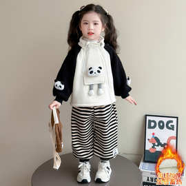 女童套装秋冬新款湖州织里童装棉布冬装长袖女宝宝熊猫加绒两件套