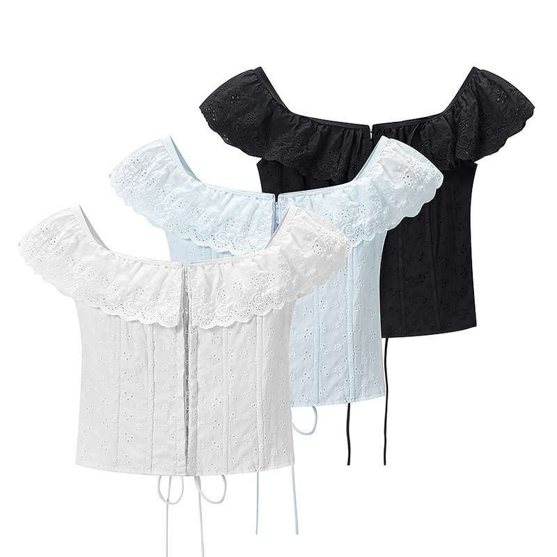 French-Style Ruffled Vintage Zipper Slim-Fit Embroidered Short-Sleeve Shirt for Women, Summer Off-Shoulder Two-Way Wear Cotton-Like Tank Top