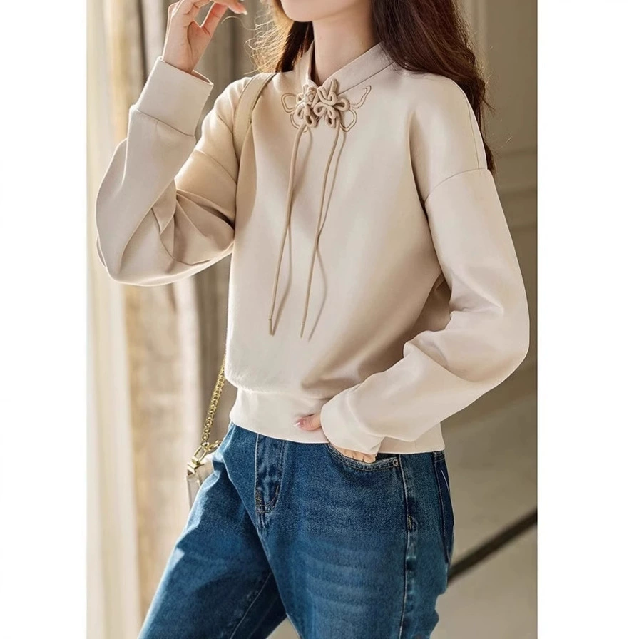 Леди Новый китайский стиль свитер женский новый осенний китайский узелок с пряжкой и воротником с короткими модными топами с длинными рукавами