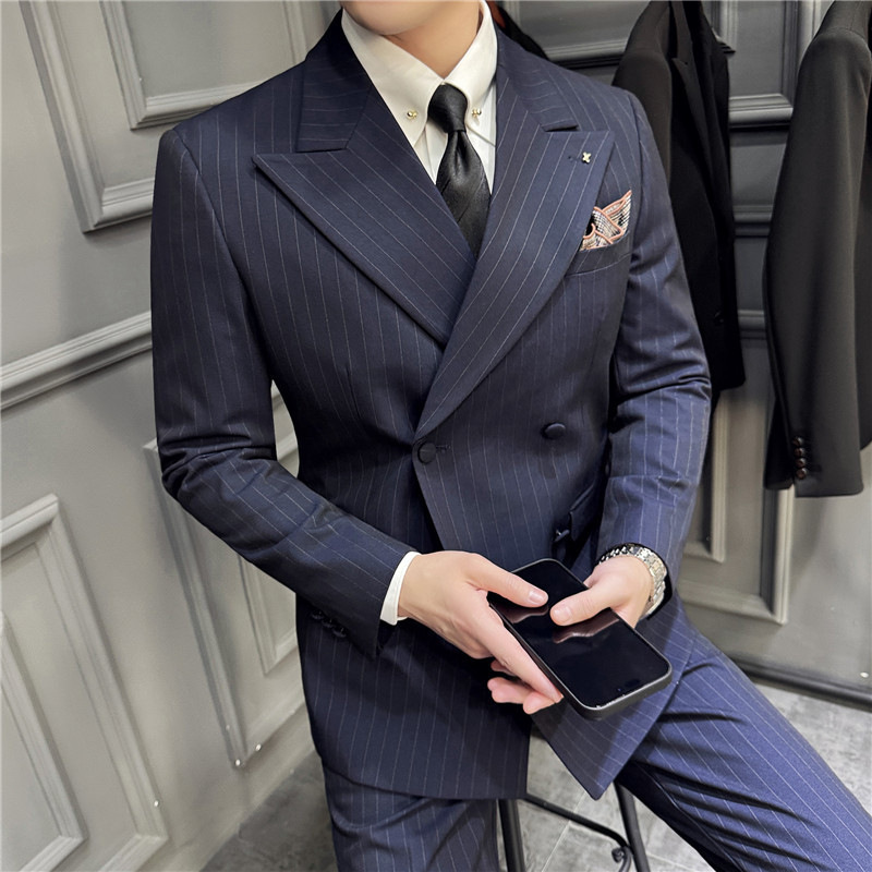 Light Luxury Counter Quality Widened Barge Thick Men's Suit Three-piece Double-breasted Striped Textured suit
