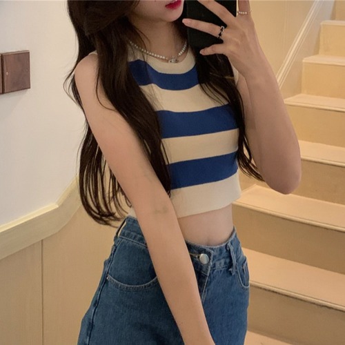 Knitted striped camisole women's  summer outer wear and inner wear sweet hot girl short sleeveless student top