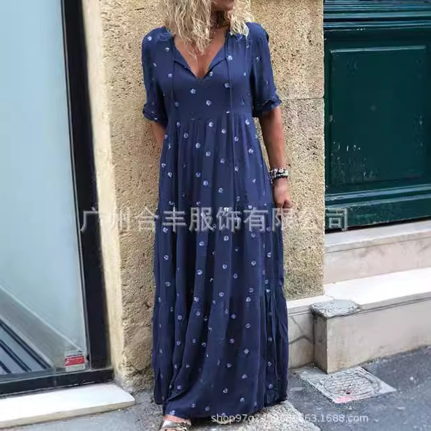 跨境欧美秋冬新款女士中长袖连衣裙带穗宽松波点数码印花V领长裙