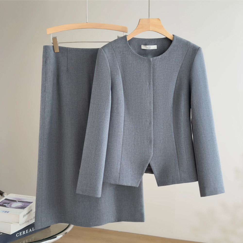 Blue-gray mature professional suit set, elegant round neck suit jacket and skirt two-piece set for spring