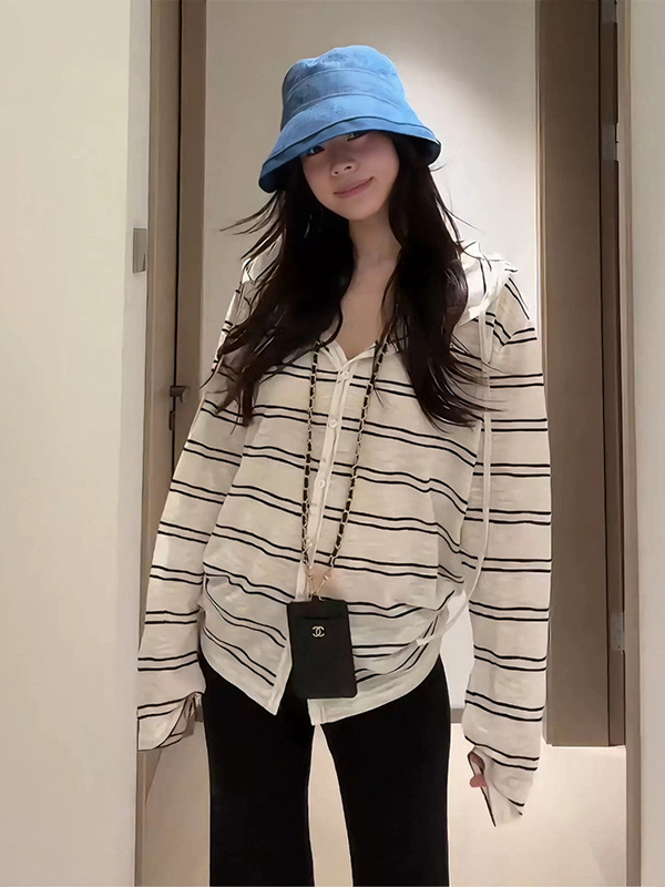 休闲百搭长袖连帽条纹开衫T恤女早秋韩系慵懒薄款防晒衣上衣外套|undefined