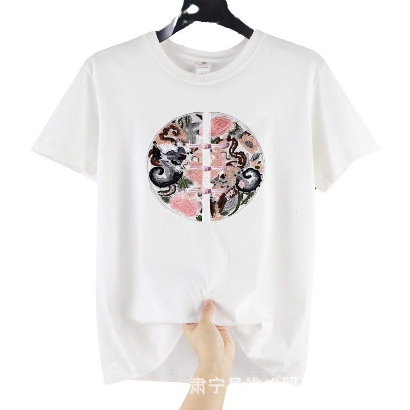 New Chinese Style Short-sleeved T-shirt Women's National Style Light Chinese Style White Crewneck Printing Men's and Women's National Fashion Long-staple Cotton Half-sleeve