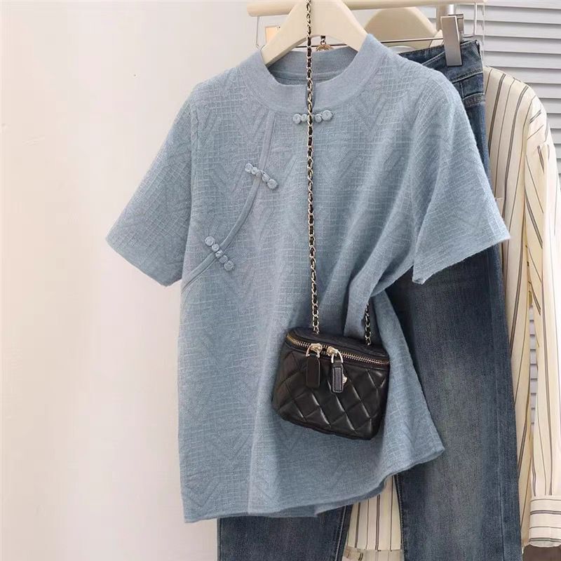 Short-sleeved T-shirt Women's Summer Ice Silk Cheongsam Knitted New European Short-sleeved Fashionable Elegant Buckle Small Shirt Top Short-sleeved T-shirt Women's Summer Ice Silk Cheongsam Knitted New European Short-sleeved Fashionable Elegant Buckle Small Shirt Top