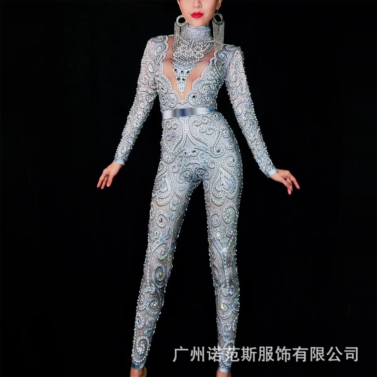 Retro Style European and American Popular Silver Pattern Fake See-Through Bodysuit Acrobatics Pole Dance Jujitsu Stage Performance Clothing
