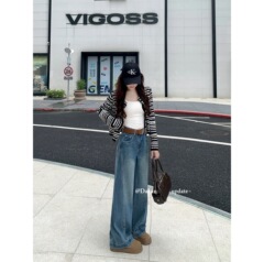 2025新款阔腿裤女款秋季时尚爆款复古高腰牛仔裤子女百搭简约长裤