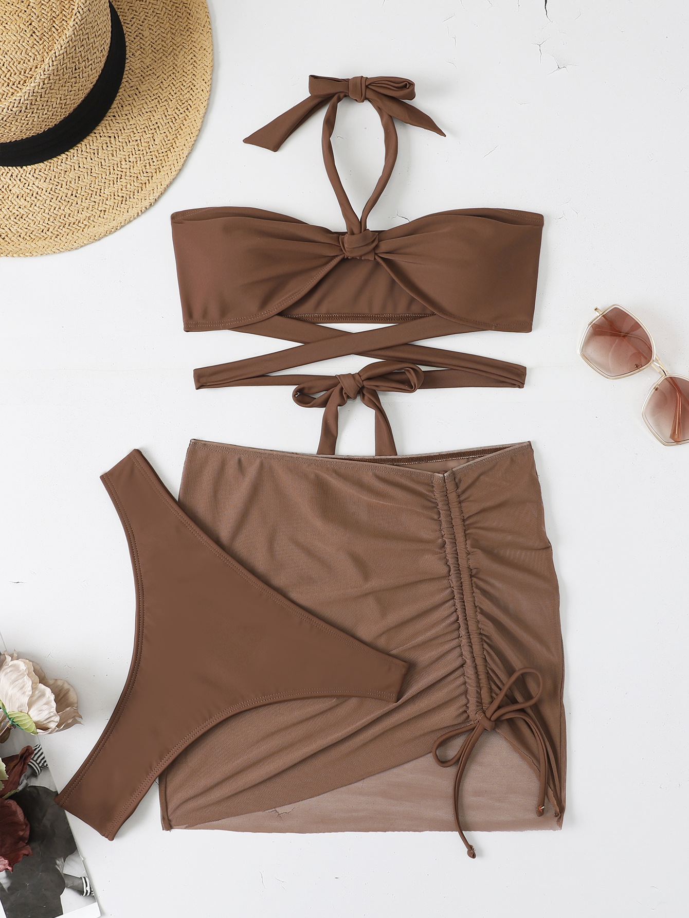 hanging neck lace-up drawstring solid color bikini three-piece set NSCMB117115