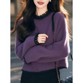 温柔气质短款紫色毛衣女2025秋冬韩版高级感减龄拼接针织衫上衣潮