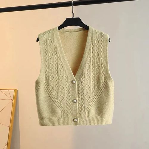 Cardigan vest for women, suitable for spring and autumn, versatile V-neck single-breasted short-sleeve sweater, interlocking stitch, paired with a plain jacket.