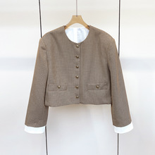 S 2024早秋新款女装 法式棕色格纹圆领气质短款外套 1065