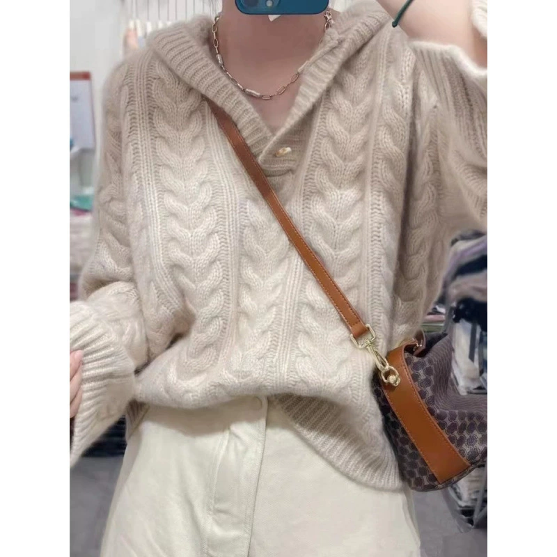 Тяжелый осенний и зимний новый шерстяной свитер женский свободный ленивый ветер вязаный свитер с кепкой толстый пуловер