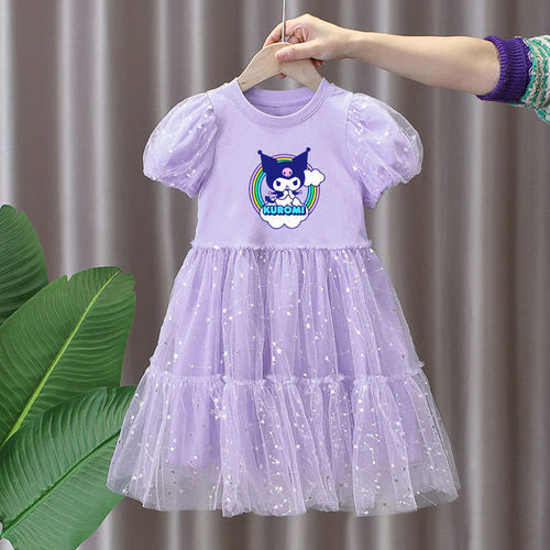 Summer princess dress for girls, children bubble sleeve chiffon dress, Kuromi dress for girls, A-line medium-length dress