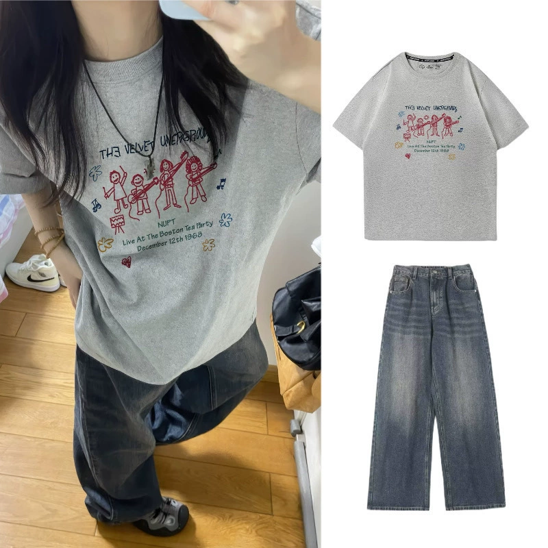 [Собрано 50 миллионов и более штук] Американская женская хлопковая футболка с короткими рукавами и синим принтом в стиле ретро.