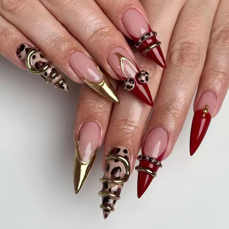 Cross-Border Long Pointed Red Gold Leopard Print Wearable Nails, Hand-Painted Cherry Metal Ring Hot Girl Style Nail Stickers, 24 Pieces Cross-Border Long Pointed Red Gold Leopard Print Wearable Nails, Hand-Painted Cherry Metal Ring Hot Girl Style Nail Stickers, 24 Pieces