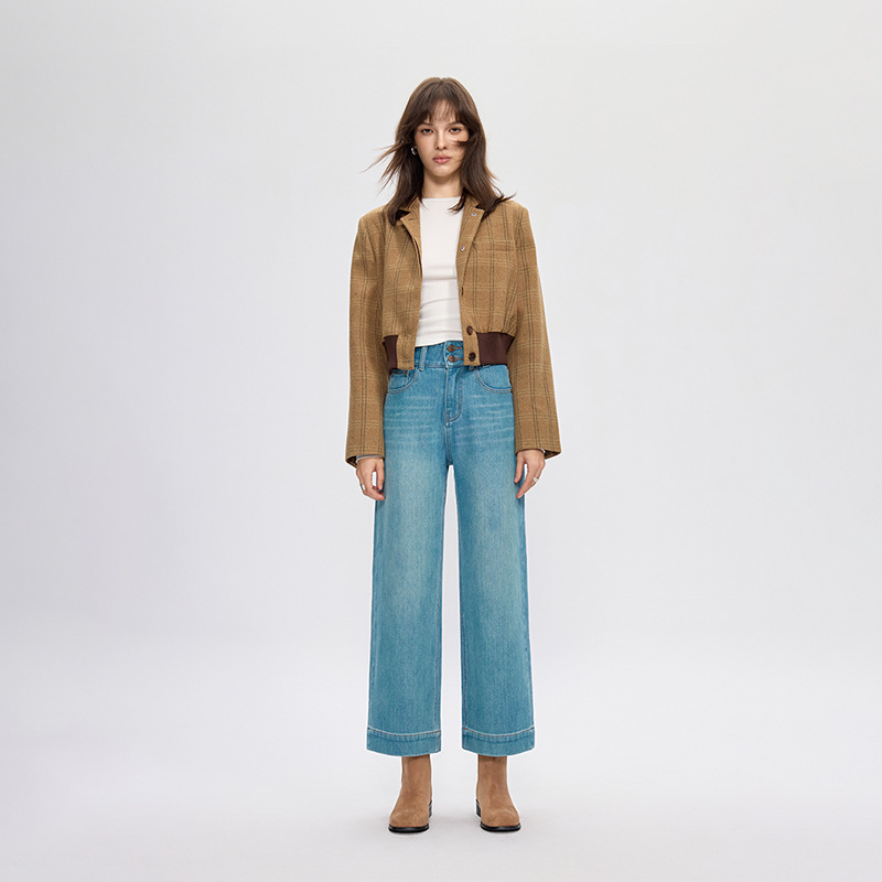 Jiye Emerald Green Four-Way Stretch Nine-Point Jeans for Women 2026 Autumn Double Button High Waist Tummy Control Loose Straight Grandma Pants