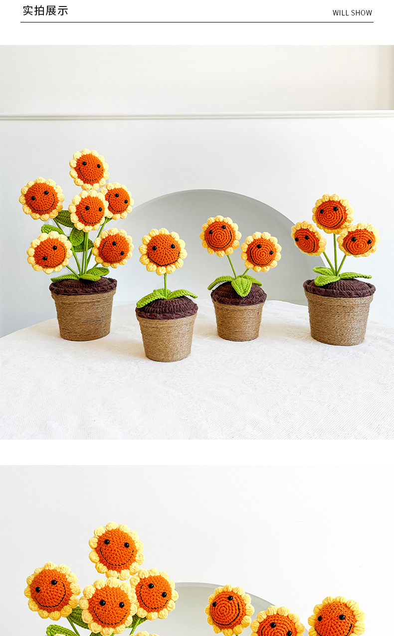 Handmade crochet, smiling sunflowers, sunflower potted plants, office and home woolen ornaments, festival event gifts pic 5